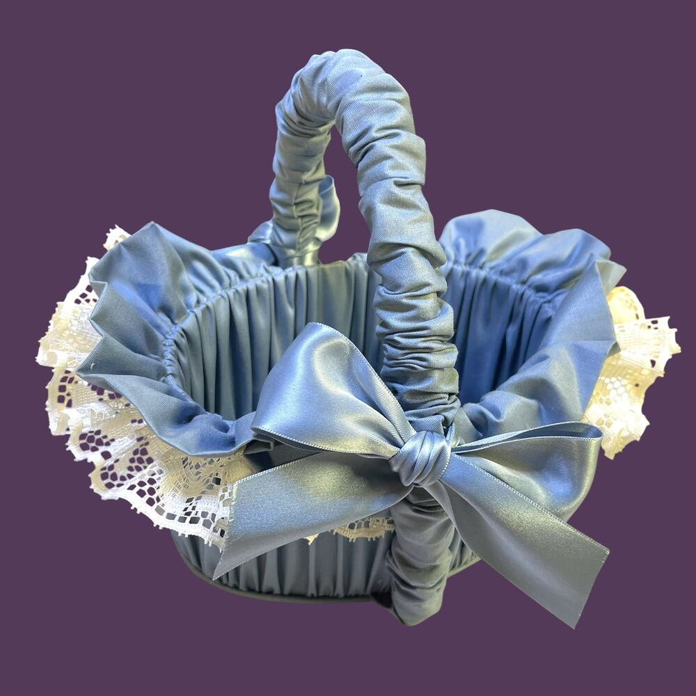 Vintage Blue Satin Lace Bow Flower Girl Wedding Basket Cottagecore